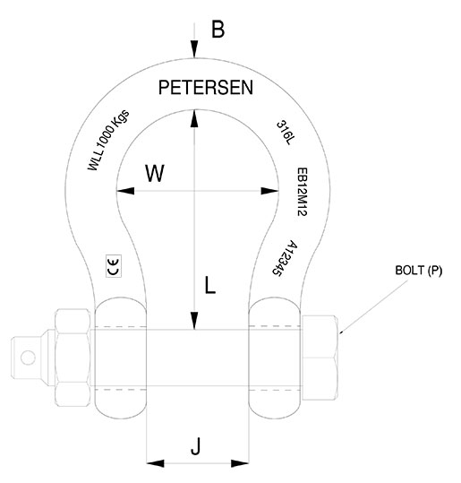 High Corrosion Resistance Stainless Steel Bow Shackles with Saftey Pin Technical Drawing