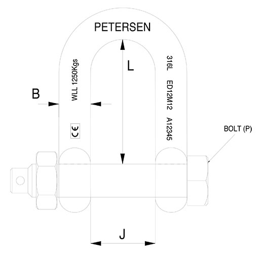 High Corrosion Resistance Stainless Steel D Shackles with Safety Pin Technical Drawing