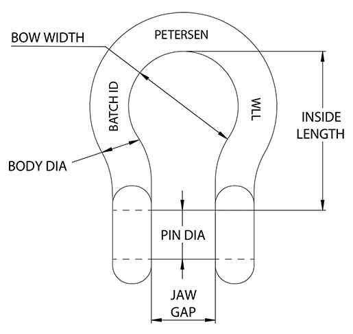 NSN Low Magnetic Permeability Bow Shackles - Curved Pattern Technical Drawing
