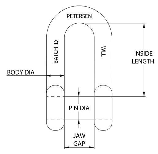 NSN Low Magnetic Permeability D Shackles - Straight Pattern Technical Drawing