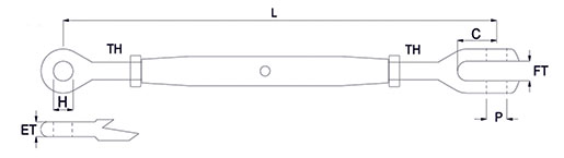 Closed Body Rigging Screw with Fork & Eye Technical Drawing