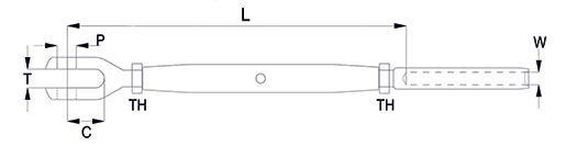 Closed Body Rigging Screw with Stud & Fork Technical Drawing