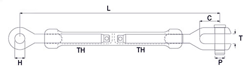 Turnbuckle GT Body with Fork & Eye Technical Drawing