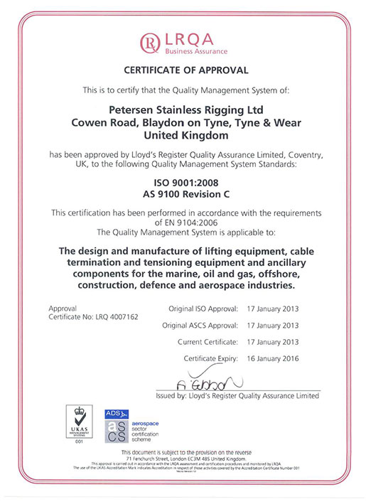 ISO9001-AS9100 Petersen Certificate